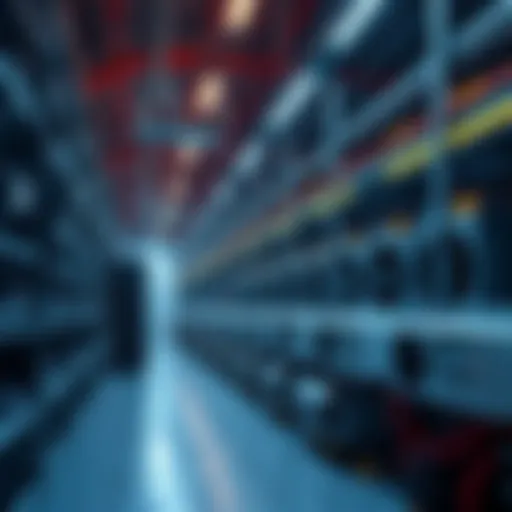 A large Bitcoin mining operation with numerous machines and cooling systems in a warehouse