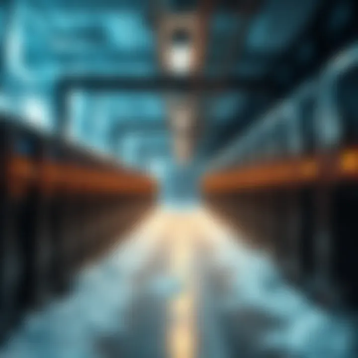 Bitcoin Mining Affected by Storm A Bitcoin mining facility with dim lights, showing the impact of the winter storm on operations