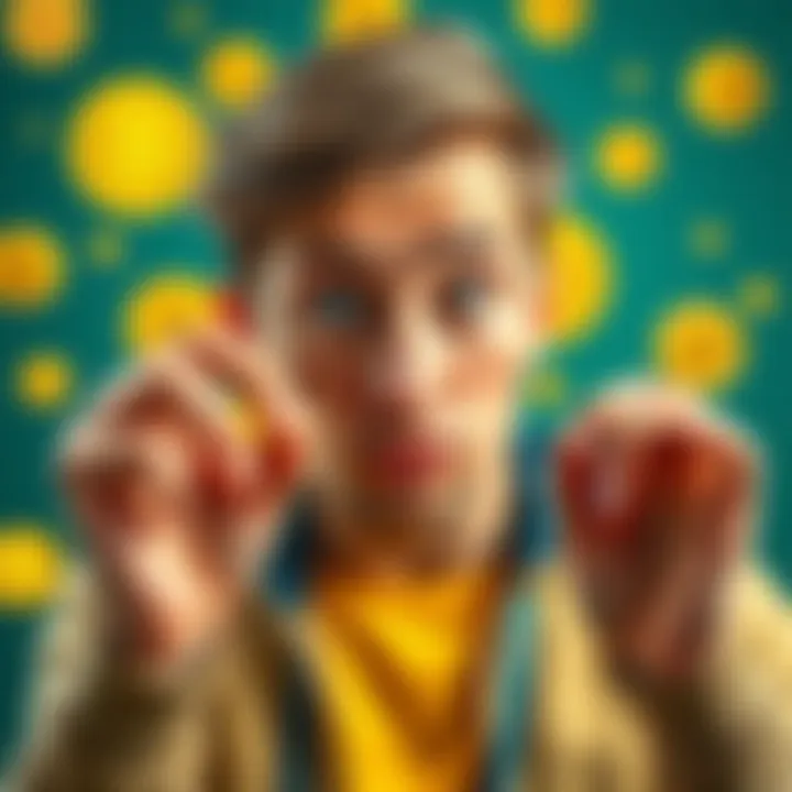 A person looking confused while holding a physical coin, with digital Bitcoin symbols in the background.