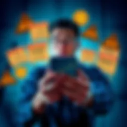 A person looking worried while holding a smartphone displaying a Bitcoin chart, surrounded by warning signs about scams and wallet access issues.