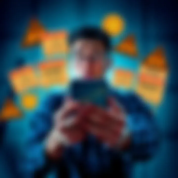 A person looking worried while holding a smartphone displaying a Bitcoin chart, surrounded by warning signs about scams and wallet access issues.