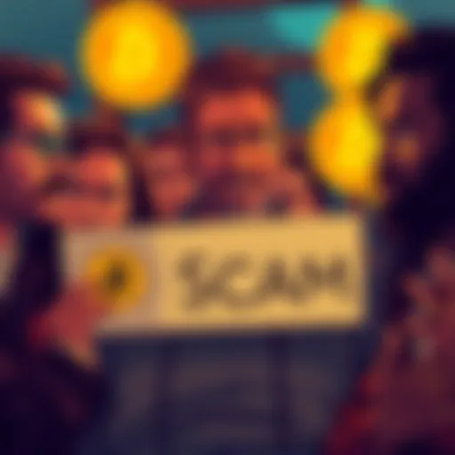 A group of influencers discussing Bitcoin with negative expressions, showcasing skepticism about cryptocurrency as they hold signs with the word 'Scam'.
