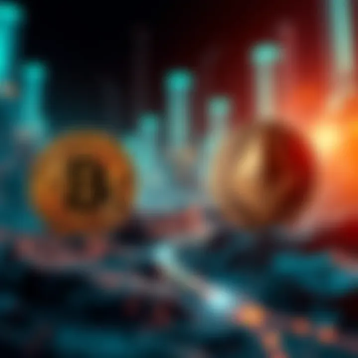 Bitcoin and Monero: A Comparative Analysis An artistic representation of Bitcoin and Monero juxtaposed in a digital landscape, symbolizing the future of cryptocurrency