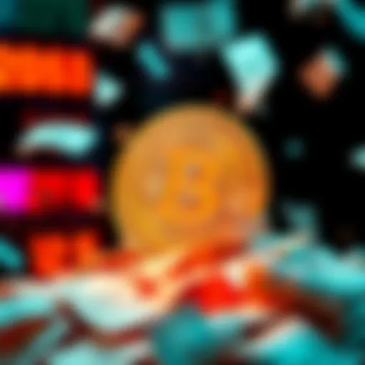 A graphic showing Bitcoin symbol with flowing money around it, representing money printing and economic growth.