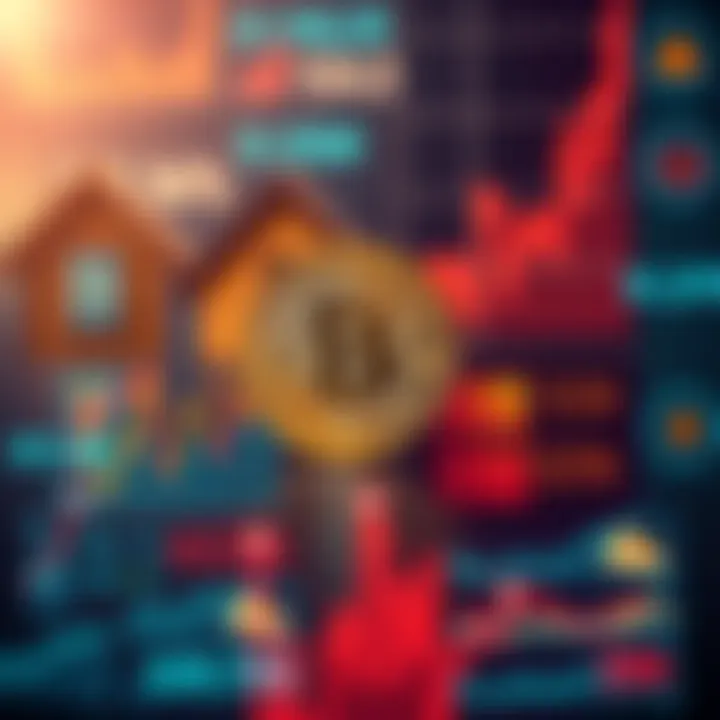 A side-by-side comparison of Bitcoin-backed loans and small mortgages, showcasing charts and icons representing interest rates and risks.