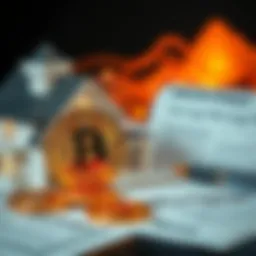 A graphic showing Bitcoin symbols next to a house and mortgage documents, illustrating the integration of Bitcoin into the mortgage system.