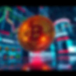 A digital representation of Bitcoin symbols and NASDAQ stock charts interacting, illustrating their relationship in finance.