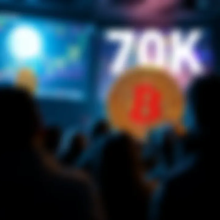 Bitcoin logo with a rising chart and a worried crowd looking at screens