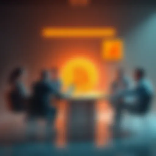 Bitcoin Node Model Discussion A group of people discussing a Bitcoin node model at a round table with laptops and charts