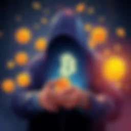 An illustration showing a person making a Bitcoin purchase anonymously, highlighting non KYC transactions, surrounded by digital wallets and Bitcoin symbols.