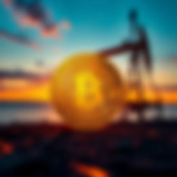 A Bitcoin symbol in front of an oil rig representing the shift from petrodollar to Bitcoin for energy pricing.