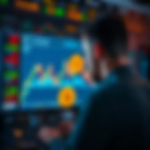 A person looks at cryptocurrency charts on a computer screen with bitcoin symbols around