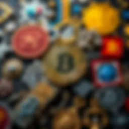 A collage of symbols representing different Bitcoin origin theories including a digital coin and abstract designs.