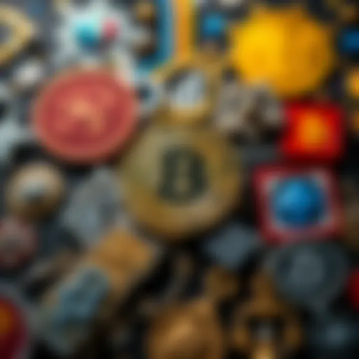 A collage of symbols representing different Bitcoin origin theories including a digital coin and abstract designs.