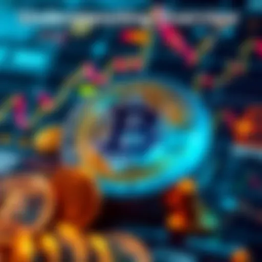 A visual representation of Bitcoin as a digital currency, including symbols and graphs showing market trends.