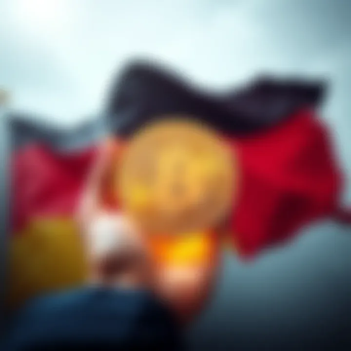 A person holding a Bitcoin symbol with a background of the German flag, representing the competition in cryptocurrency ownership