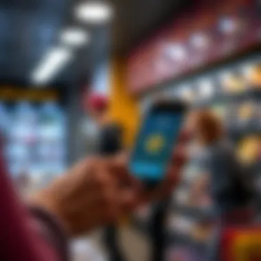 A person using a smartphone to make a payment with Bitcoin at a store, showing a digital wallet app on the screen
