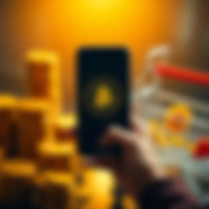 A person holding a smartphone displaying a Bitcoin symbol, with stacks of coins and a shopping cart in the background, representing digital currency use in transactions.