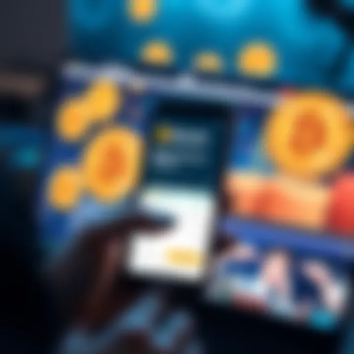 A person holding a smartphone while viewing a Bitcoin payment interface on a website, with Bitcoin symbols in the background