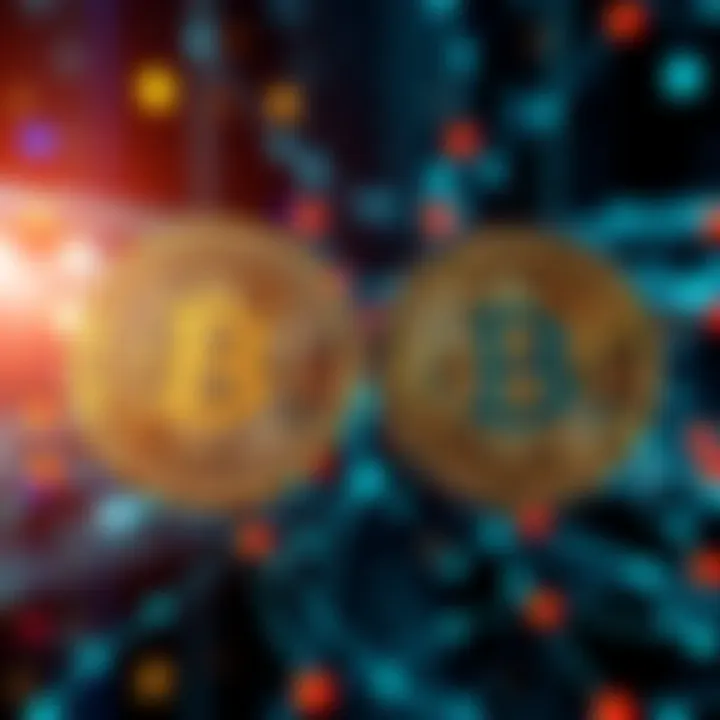 A digital representation showing Bitcoin on one side and a futuristic bank-backed payment network on the other, illustrating the potential impact on cryptocurrency relevance.
