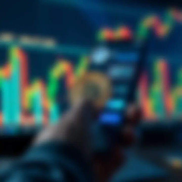 A person buying Bitcoin on a smartphone using the PayPal app, with charts showing market trends in the background.