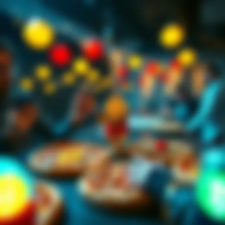 A festive scene with people enjoying pizza and celebrating Bitcoin Pizza Day, featuring pizzas topped with Bitcoin symbols and decorations.