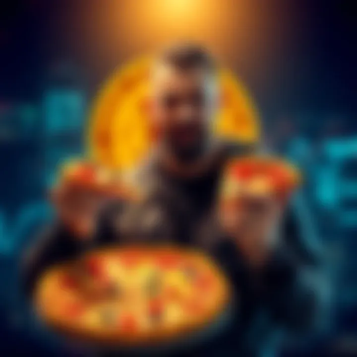 A man holding two pizzas with a Bitcoin symbol in the background, celebrating Bitcoin Pizza Day.