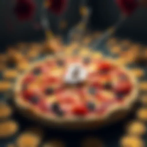A classic pizza with Bitcoin coins scattered around it, symbolizing the 10,000 BTC pizza buy in 2010.