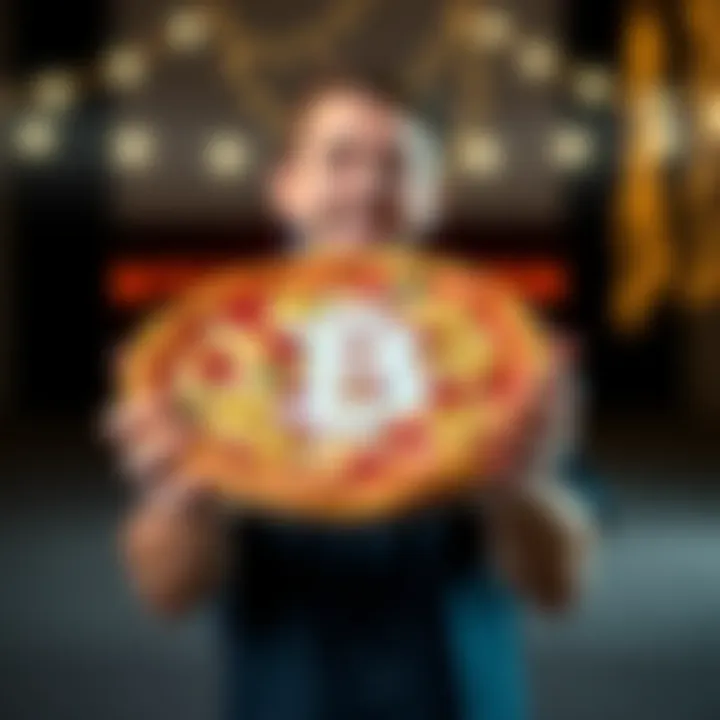 A person holding a pizza with Bitcoin symbols around it, celebrating Bitcoin Pizza Day, with a humorous expression.