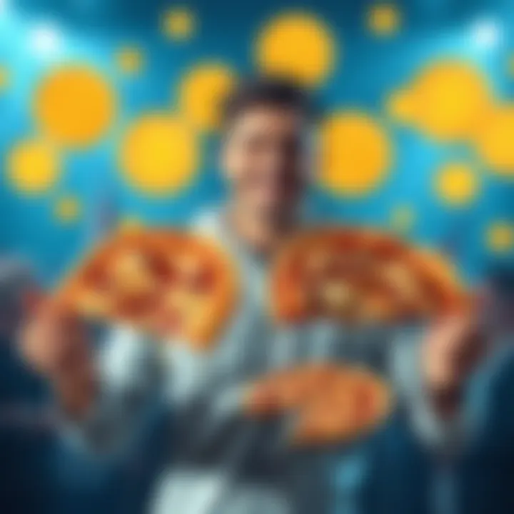 A man holding two pizzas with Bitcoin symbols in the background, celebrating Bitcoin Pizza Day.