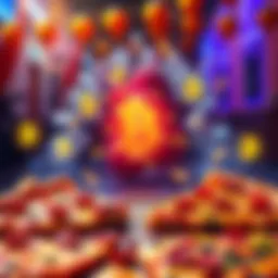 A scene celebrating Bitcoin Pizza Day with pizza slices and Bitcoin symbols.