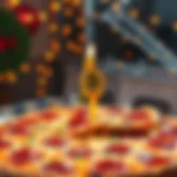 A delicious pizza with Bitcoin symbols and a festive background celebrating Bitcoin Pizza Day.