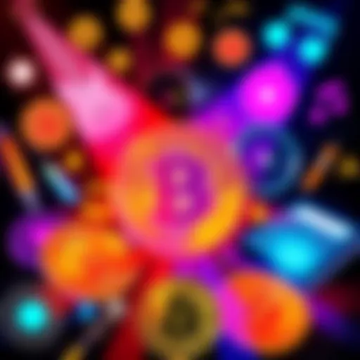 A colorful graphic featuring popular music icons and Bitcoin symbols, illustrating the connection between music and the Bitcoin community.