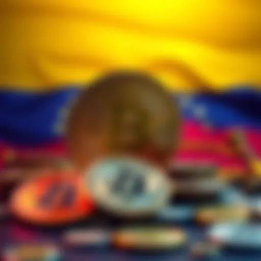 A visual representation of Bitcoin coins with a backdrop of political symbols and a faint outline of Venezuela's flag, symbolizing current geopolitical tensions influenced by President Trump.