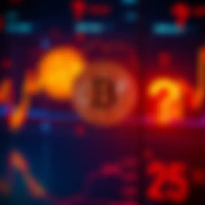 A graphic showing fluctuating Bitcoin price charts with emotional symbols like a confused face and question marks, highlighting market uncertainty.