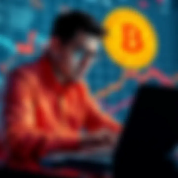 A graph showing Bitcoin price predictions with a downward trend and a concerned investor analyzing data on a laptop.