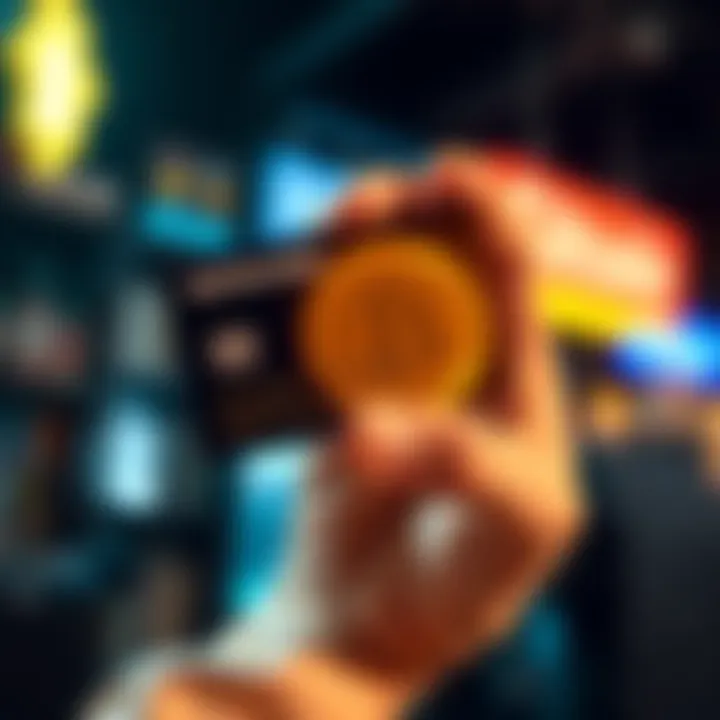 A hand holding a Bitcoin prepaid card with a bright design, symbolizing easy transfer and gifting of Bitcoin.