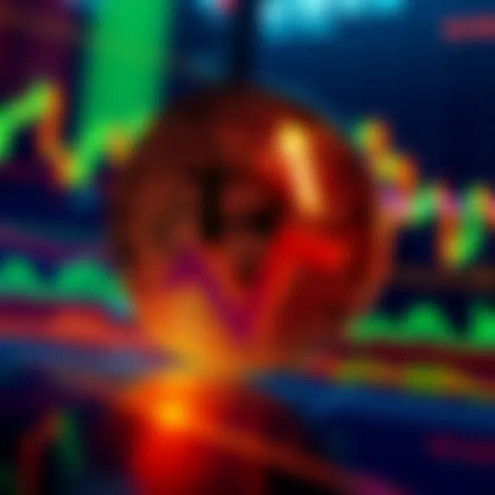 Bitcoin symbol with a downward arrow, indicating market caution, set against a backdrop of financial charts.