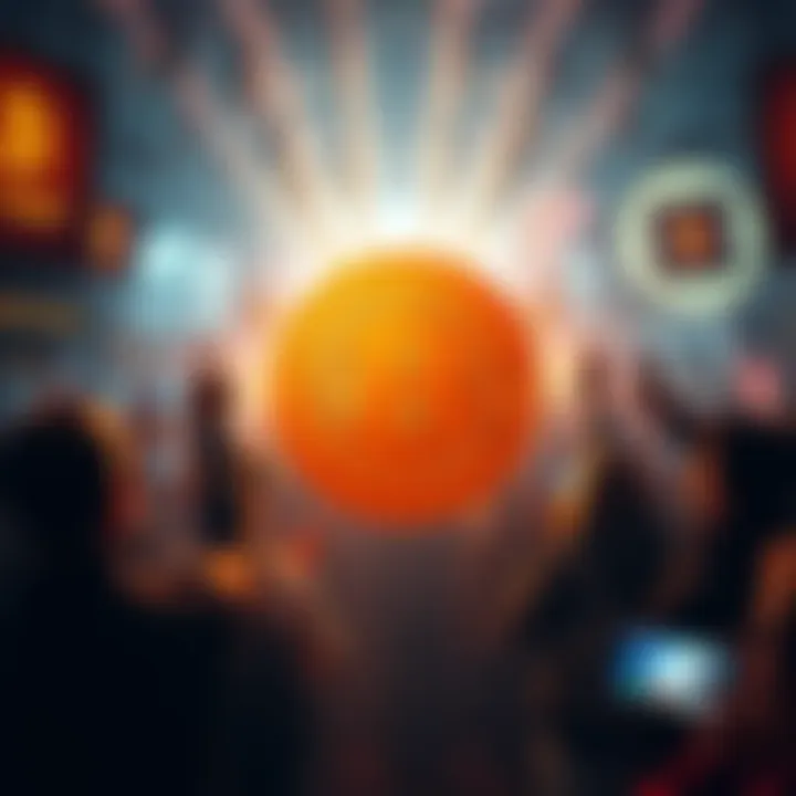 People celebrating as Bitcoin price jumps above $87K with banners and digital displays in a festive atmosphere