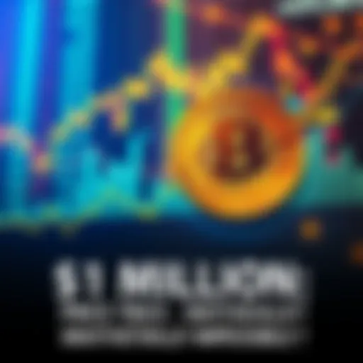 A graph showing the rising trend of Bitcoin prices toward $1 million, with a background of financial symbols and charts.