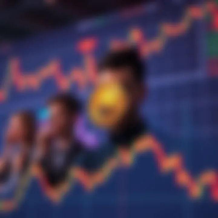 A chart showing Bitcoin's price fluctuations with downward trends and emotional investors looking distressed.