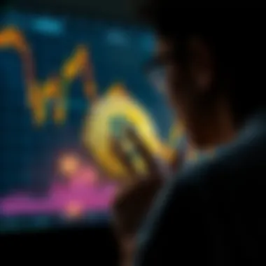A person looking at a Bitcoin price chart with fluctuating values, showing ups and downs, symbolizing market volatility and emotional stress in trading.