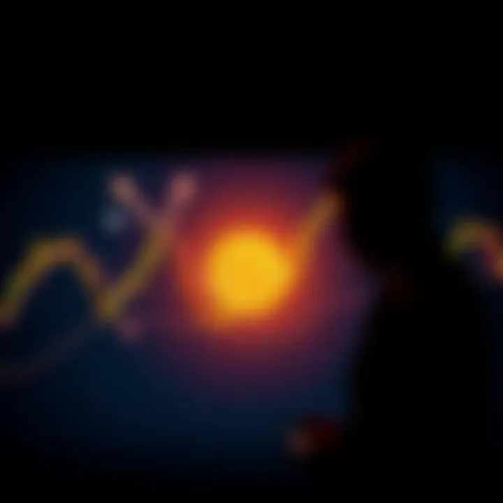 A line graph showing Bitcoin's price fluctuations with arrows indicating manipulation, alongside dollar signs and a silhouette of a trader, representing market influences.