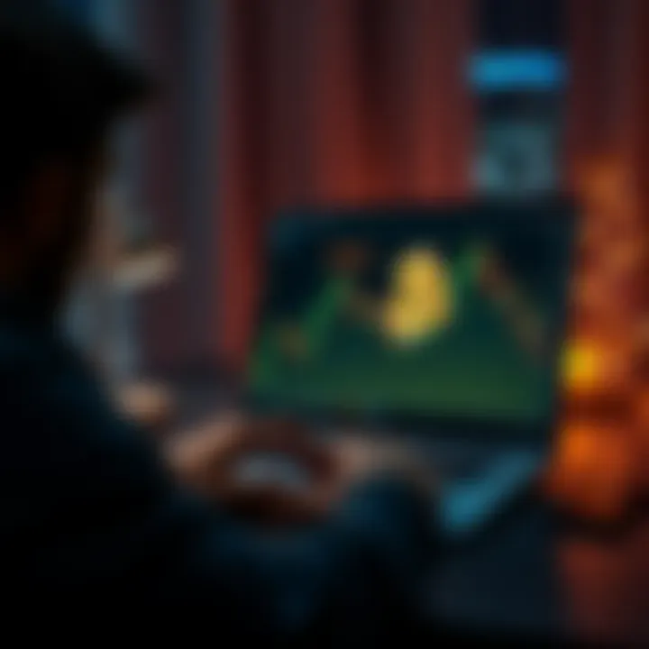 A person looking at a Bitcoin price chart on a laptop at night, with the screen showing the price nearing $60,000