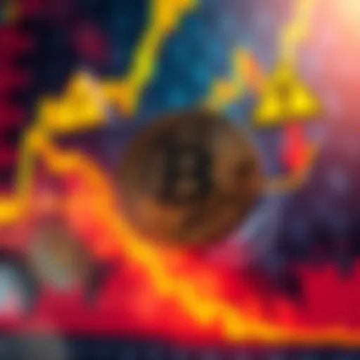 Bitcoin price chart with warning signs A chart showing Bitcoin's price with downward arrows and caution signs indicating potential risks
