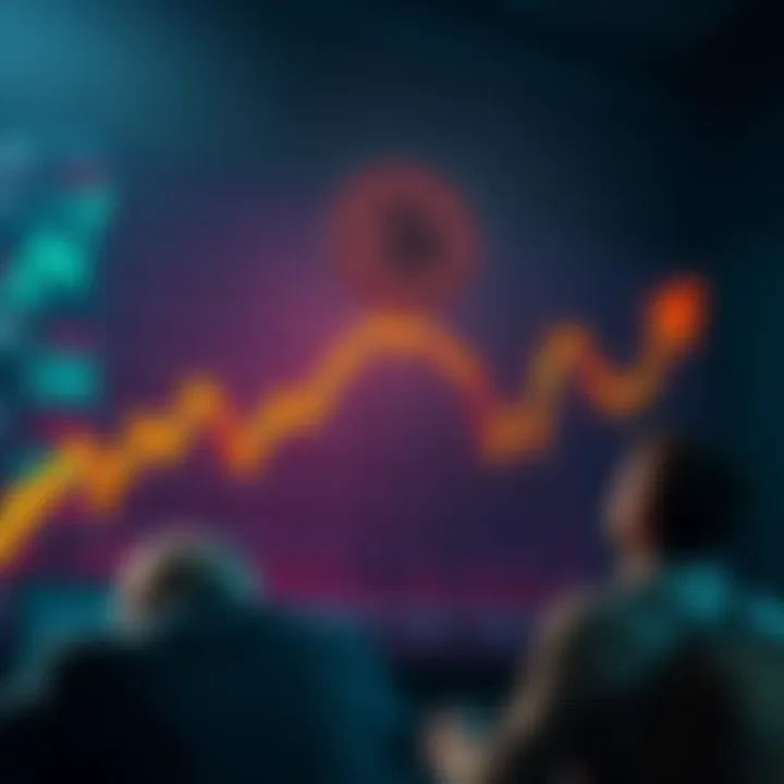 Graph showing Bitcoin price dropping to a low point, with worried investors looking on