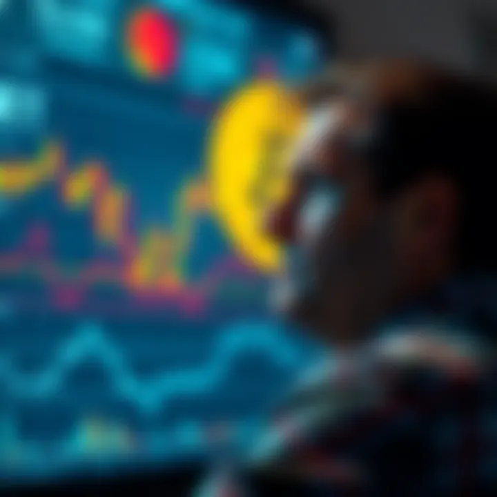 A worried person looking at a chart showing Bitcoin price fluctuations and thinking about investment decisions