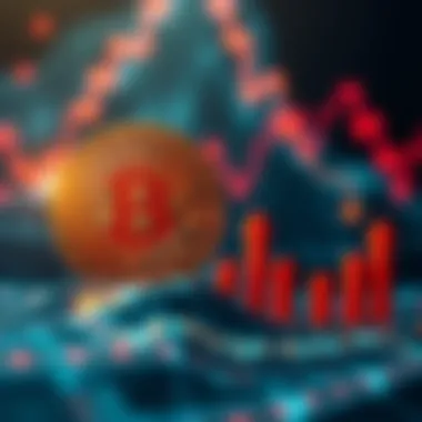 A digital representation of a Bitcoin crashing with downward arrows and red bars indicating a market downturn
