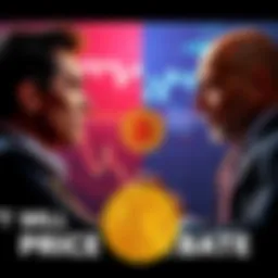 Two people discussing Bitcoin's price, one showing a rising graph and the other showing a falling graph, representing the conflicting predictions for Bitcoin's future.
