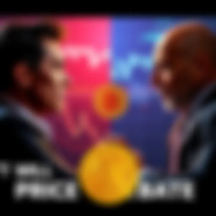 Two people discussing Bitcoin's price, one showing a rising graph and the other showing a falling graph, representing the conflicting predictions for Bitcoin's future.